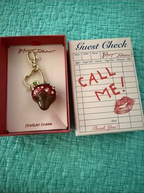 Betsey Johnson Red & Brown Strawberry Charm Keychain with Gold Hardware